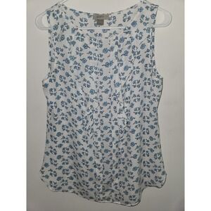 Loft Sleeveless Women's Blouse Pleats White Blue Floral Size Medium EUC